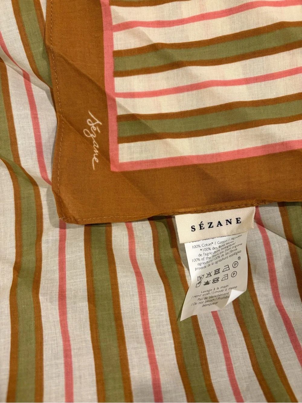 Sezane Striped Foulard Scarf in Olive, Pink & Cream